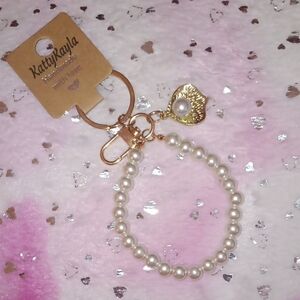 Pearl Beaded Keychain Bracelet with Gold Heart Charm